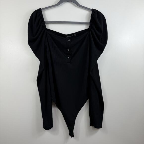 New Ribbed Bodysuit PrettyLittleThing Black Long Puff Sleeve US 8 Square Neck - Picture 13 of 15
